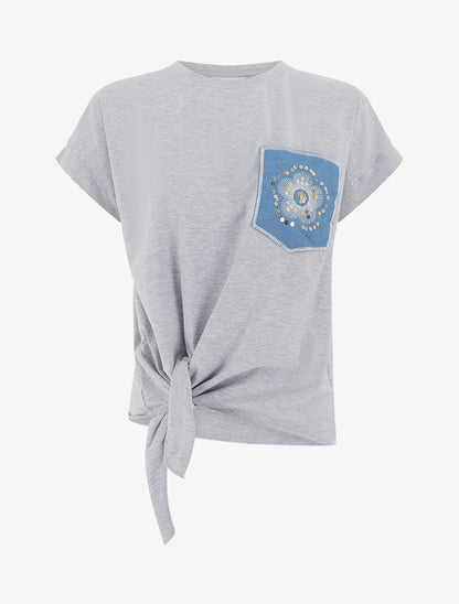 T-shirt à nouer à poche fantaisie - Gris - 1