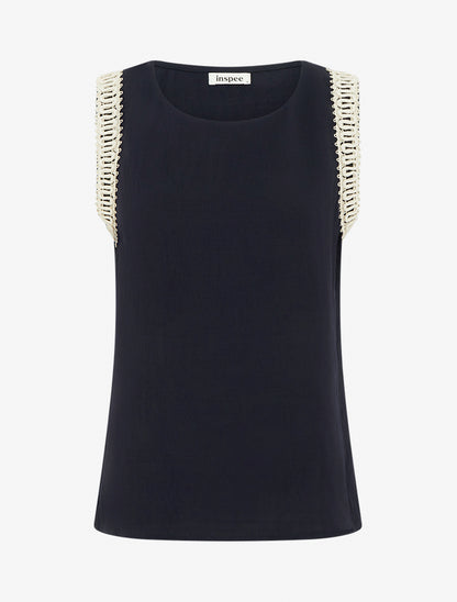 Top sans manches droit à broderies - Marine - 1