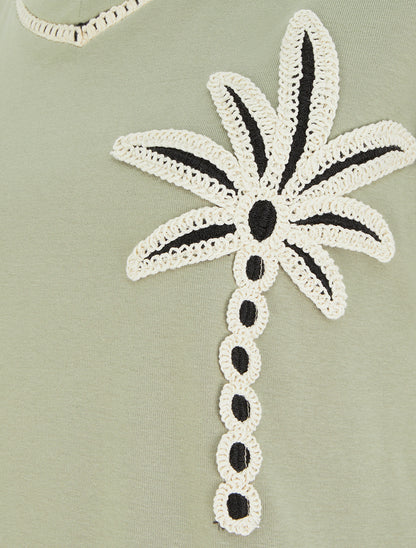 T-shirt manches courtes à palmier brodé - Vert olive - 3