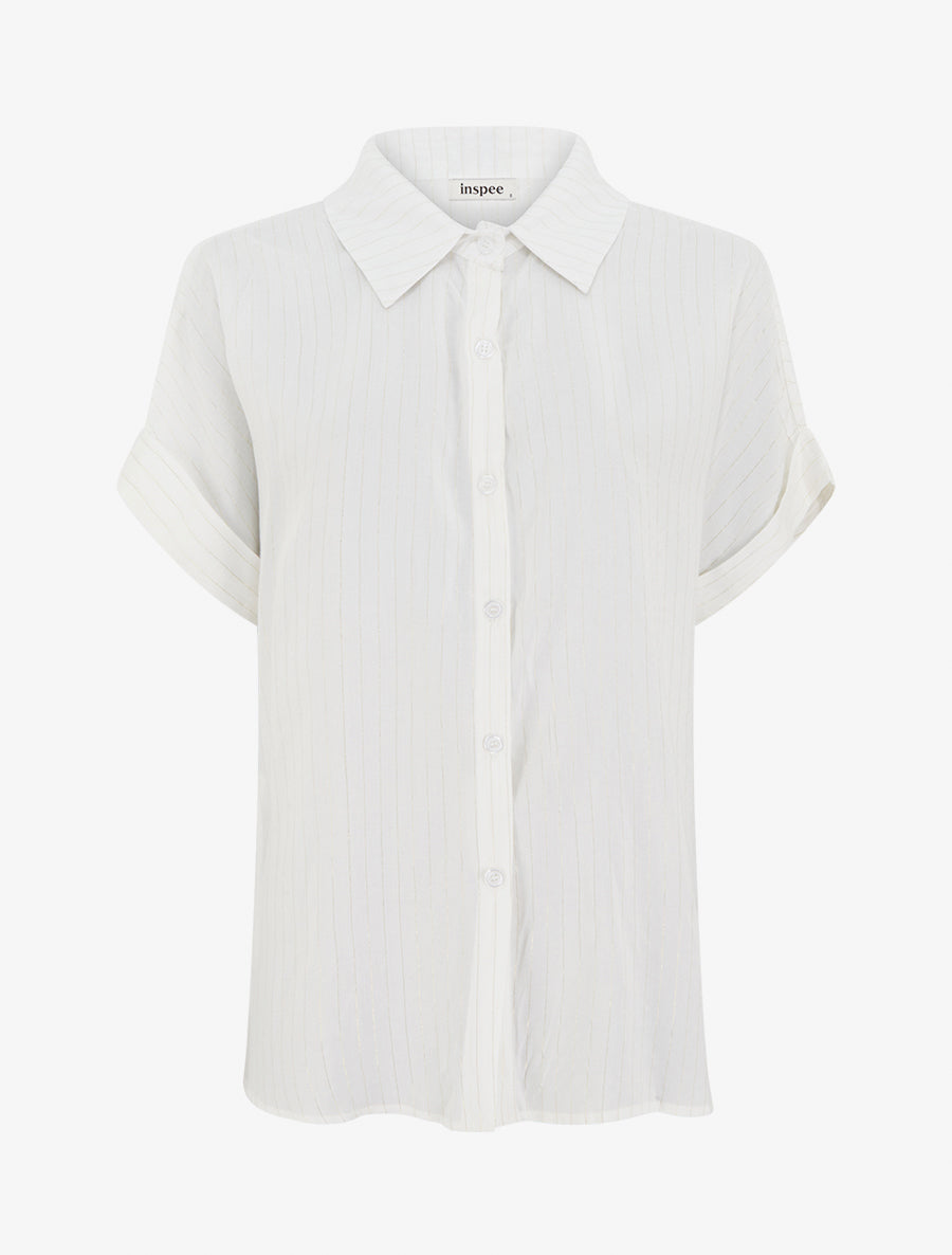 Chemise ample manches courtes à fine rayures dorées - Blanc - 1