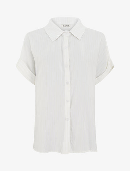 Chemise ample manches courtes à fine rayures dorées - Blanc - 1