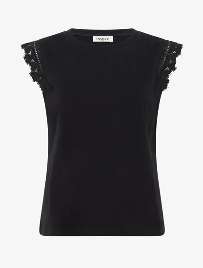 Top droit à épaules en dentelle - Noir - 1