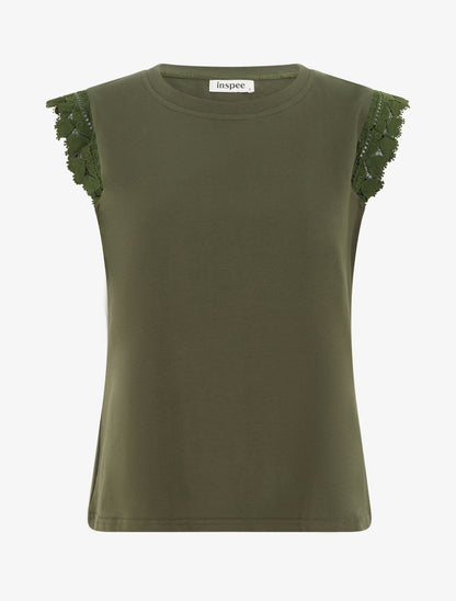 Top droit à épaules en dentelle - Kaki - 1
