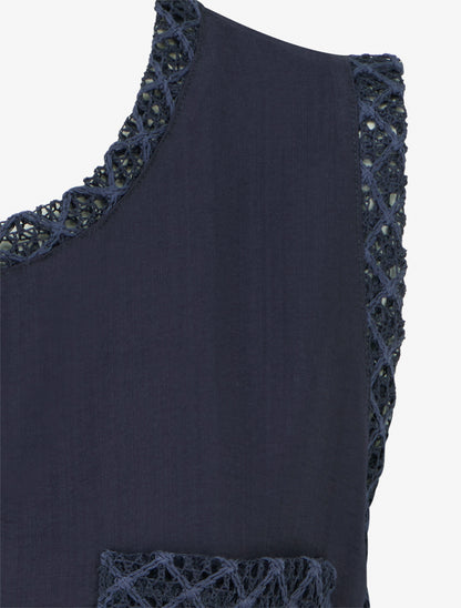 Top sans manches droit à poche en crochet - Marine - 3