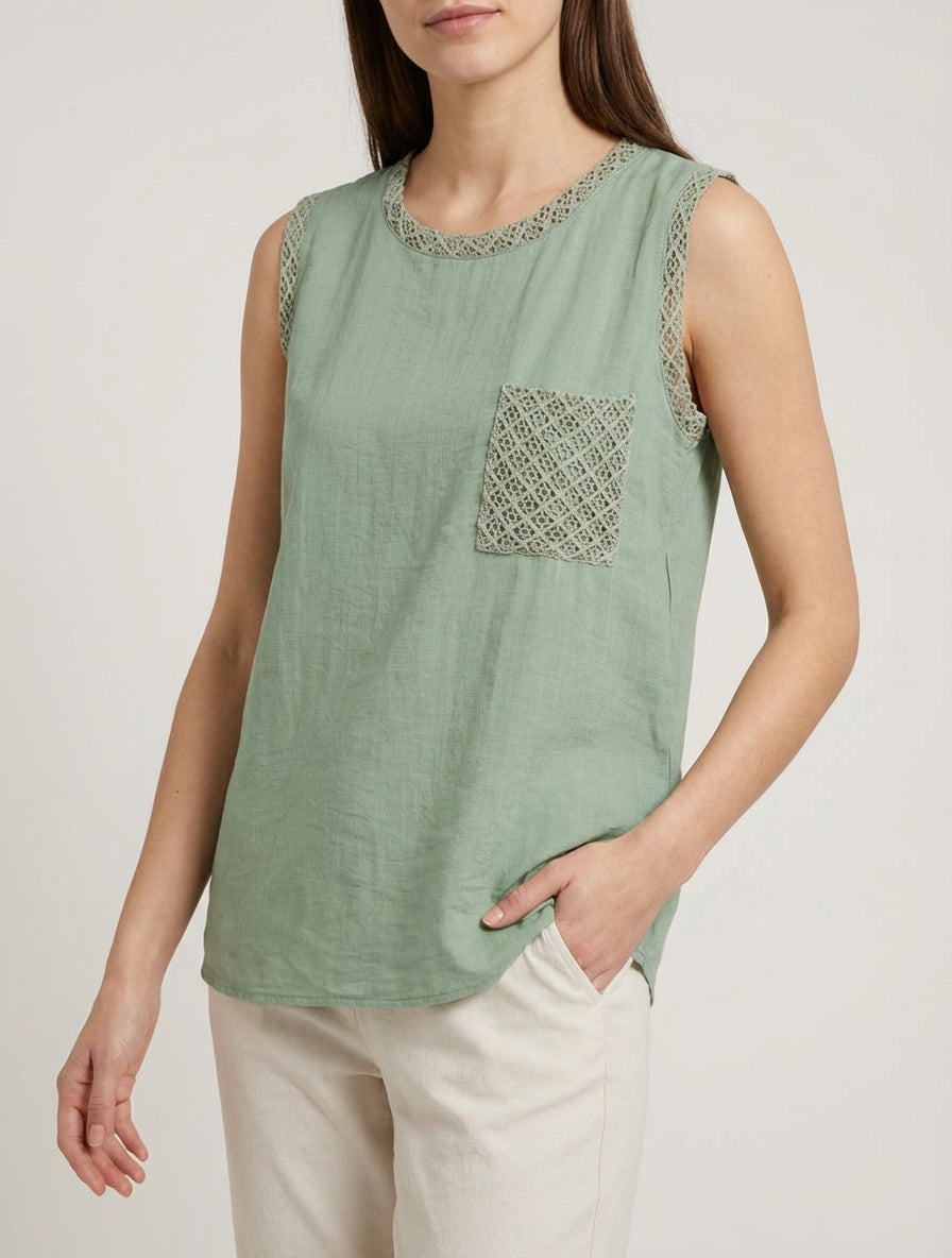 Ärmelloses gerades Oberteil mit Häkel-Tasche - Hellkhaki
