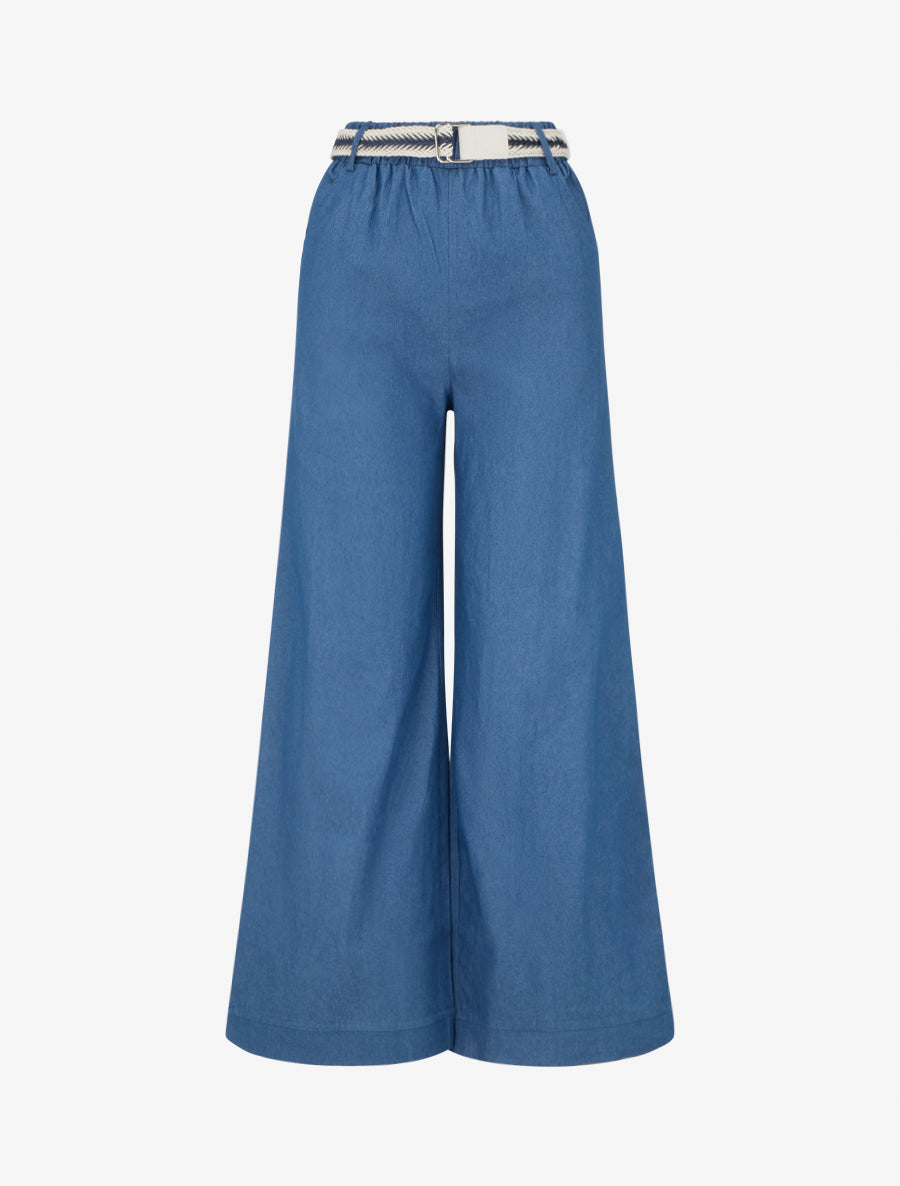 Pantalon ample à taille haute ceinturée - Bleu denim - 1
