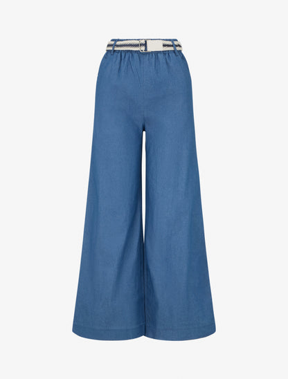 Pantalon ample à taille haute ceinturée - Bleu denim - 1