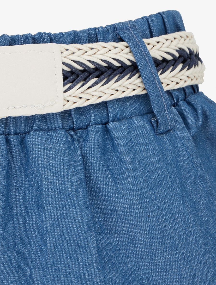 Pantalon ample à taille haute ceinturée - Bleu denim - 3