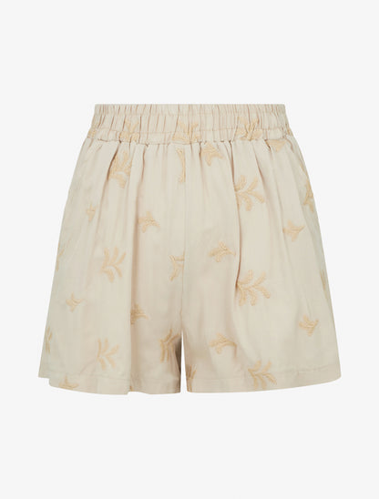 Short droit élastiqué à broderies fantaisies - Beige - 1