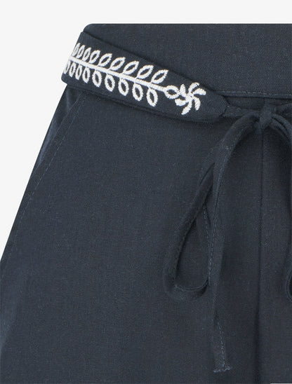 Pantalon ample uni à ceinture brodée - Bleu nuit - 3