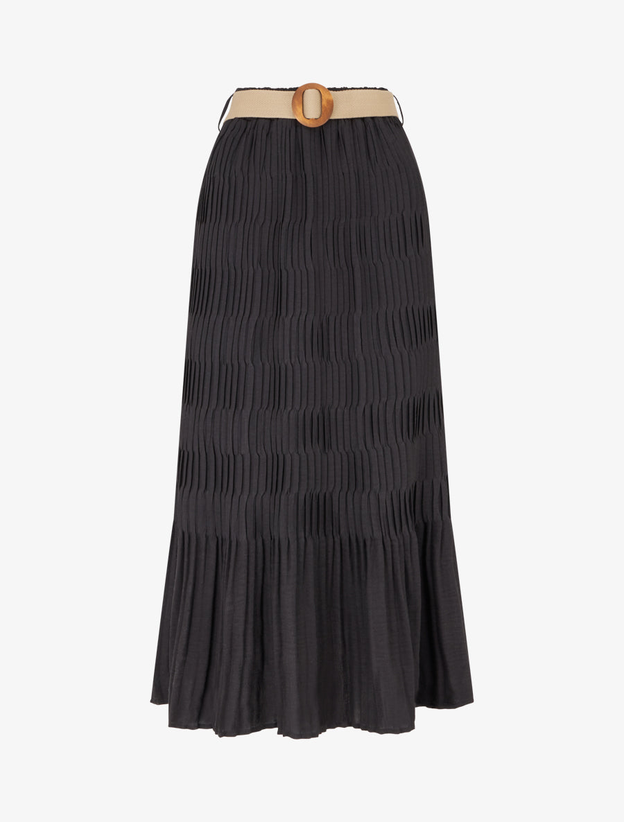 Jupe longue plissée à taille élastiquée - Noir - 1