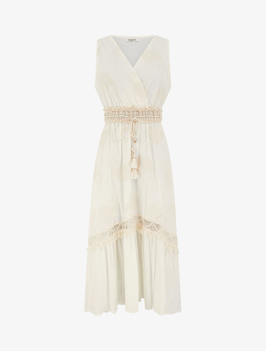 Robe longue à broderie motif cachemire - Écru - 1