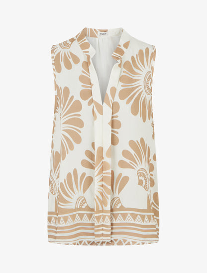 Top sans manches imprimé fleurs stylisées - Beige - 1