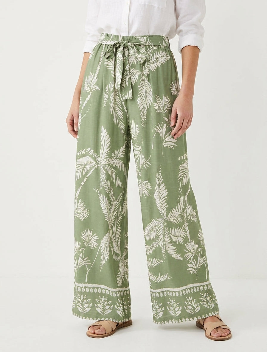 Fließende elastische Hose mit Blätterdruck - Kaki