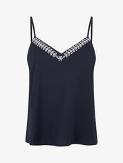 Caraco en lin mélangé à col brodé - Marine - 1