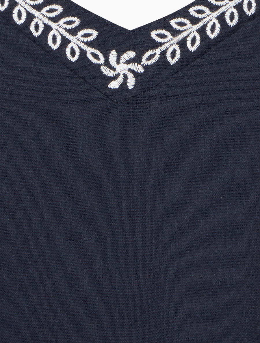 Caraco en lin mélangé à col brodé - Marine - 3