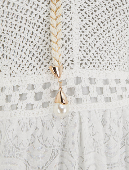 Robe longue en dentelle à bretelles tressées - Blanc - 3