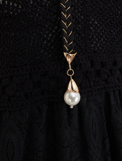 Robe longue en dentelle à bretelles tressées - Noir - 3