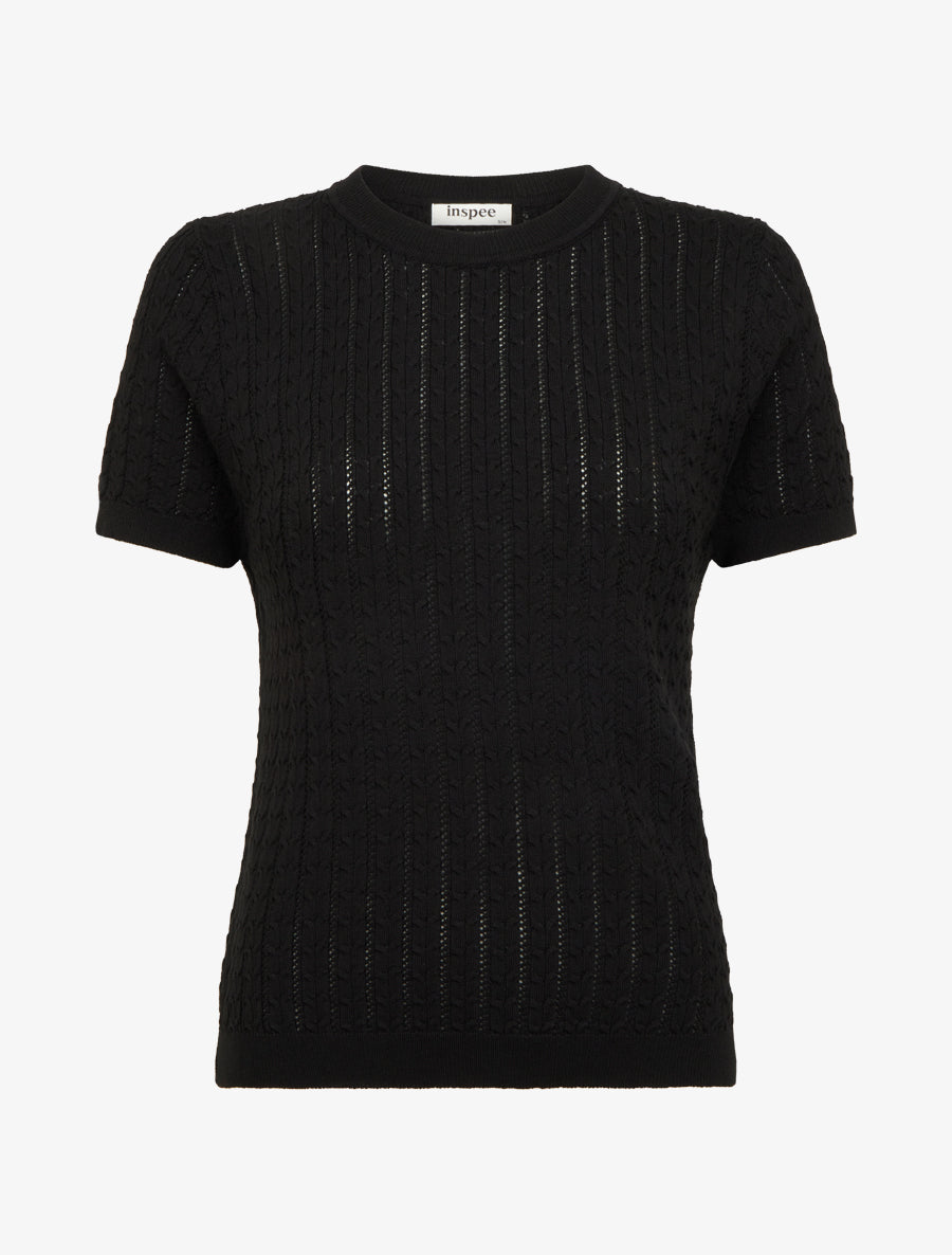 Pull uni ajouré à manches courtes - Noir - 1