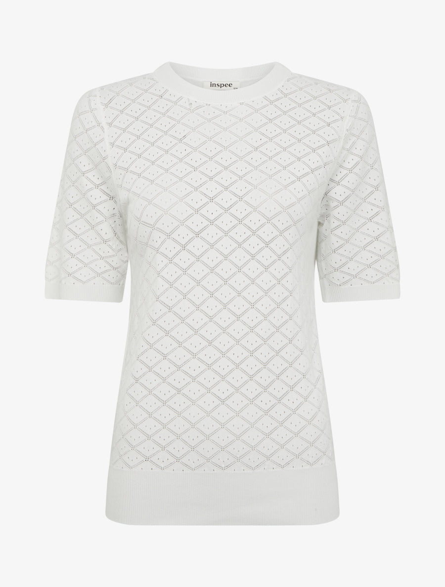Pull fin à motifs losanges ajourés - Blanc - 1