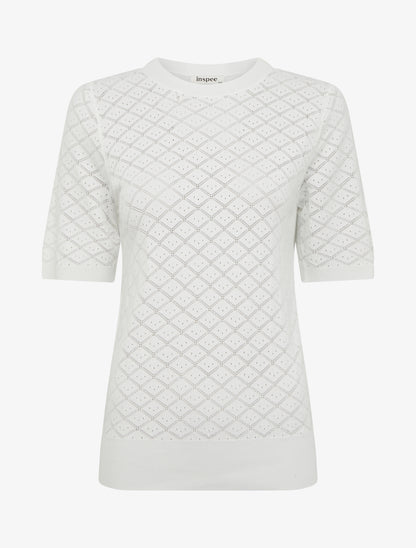 Pull fin à motifs losanges ajourés - Blanc - 1