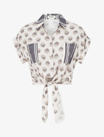 Chemise courte à nouer imprimé floral - Gris foncé - 1
