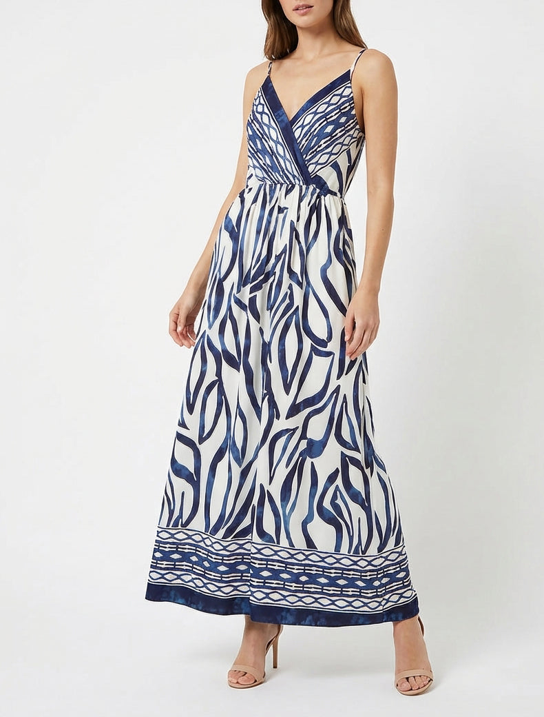 Elastisches langes Kleid mit Fantasiemuster - Marine