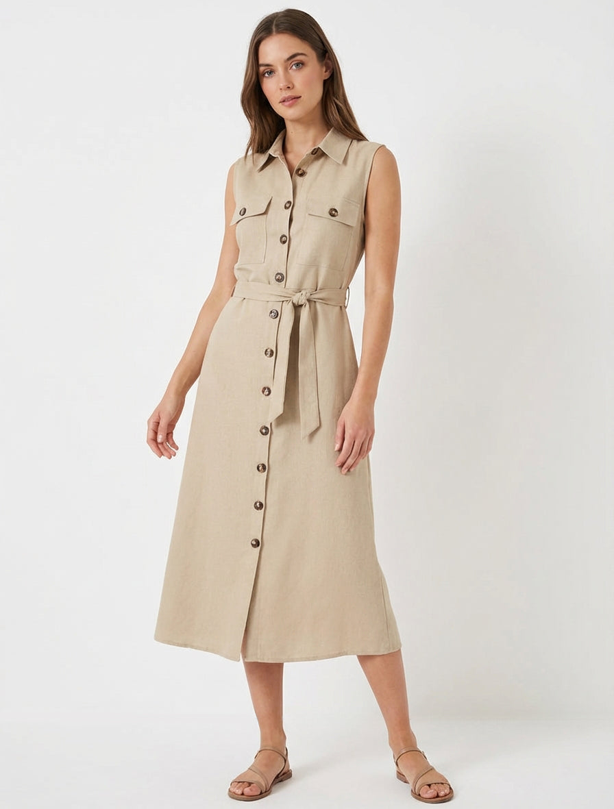 Ärmelloses Hemdkleid in gerader Schnittform - Beige
