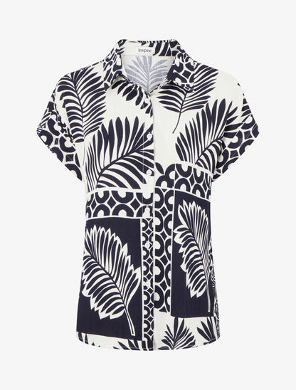 Chemise ample manches courtes imprimé feuilles tropicales - Marine - 1