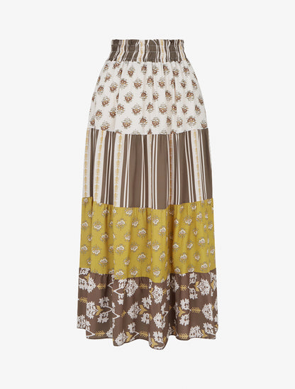 Jupe longue patchwork coupe évasée - Marron - 1