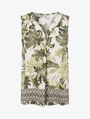 Top droit à col V et imprimé végétal - Kaki - 1