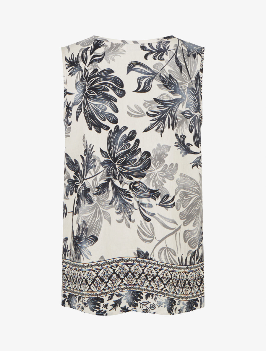 Top droit à col V et imprimé végétal - Marine - 2