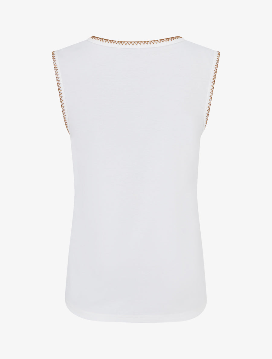 T-shirt uni sans manches à détail broderies - Blanc - 2