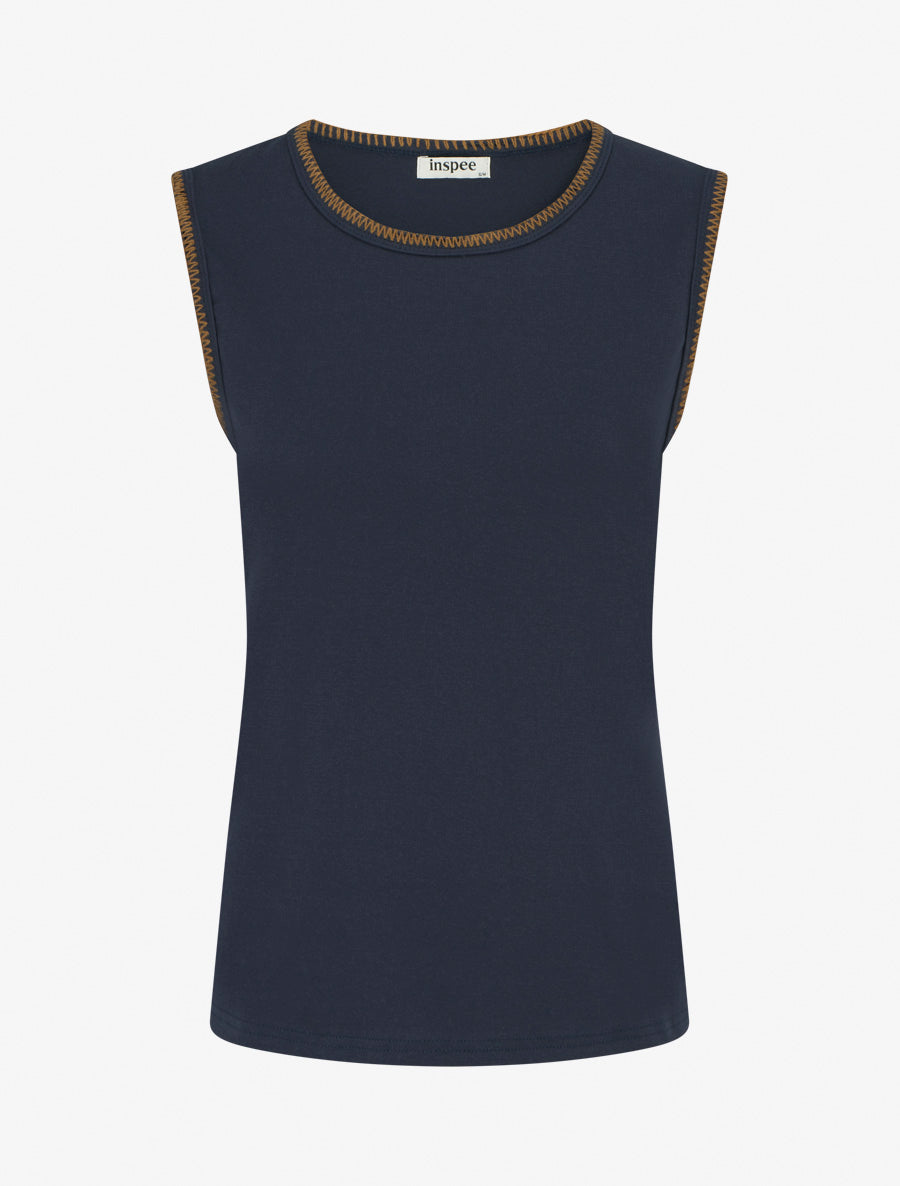 T-shirt uni sans manches à détail broderies - Marine - 1