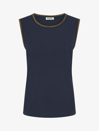 T-shirt uni sans manches à détail broderies - Marine - 1