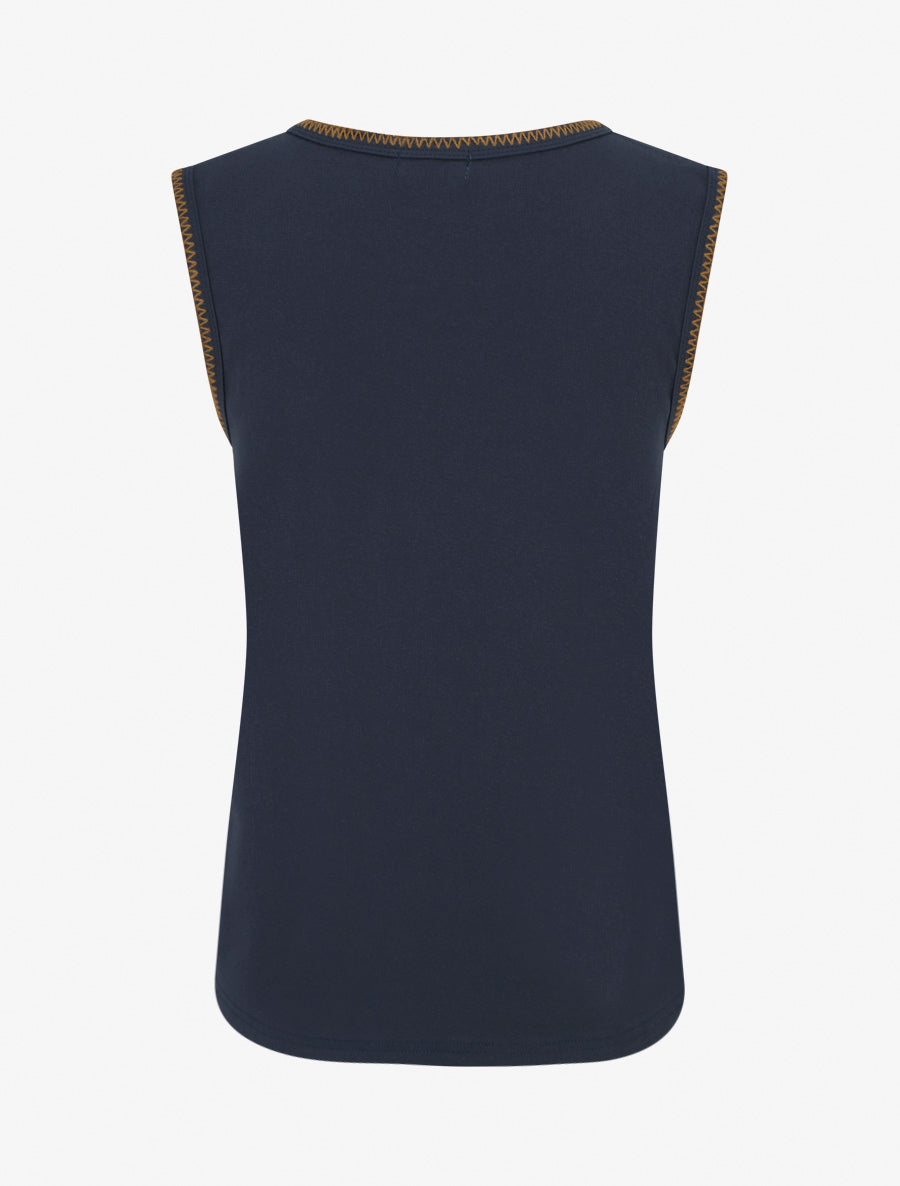 T-shirt uni sans manches à détail broderies - Marine - 2