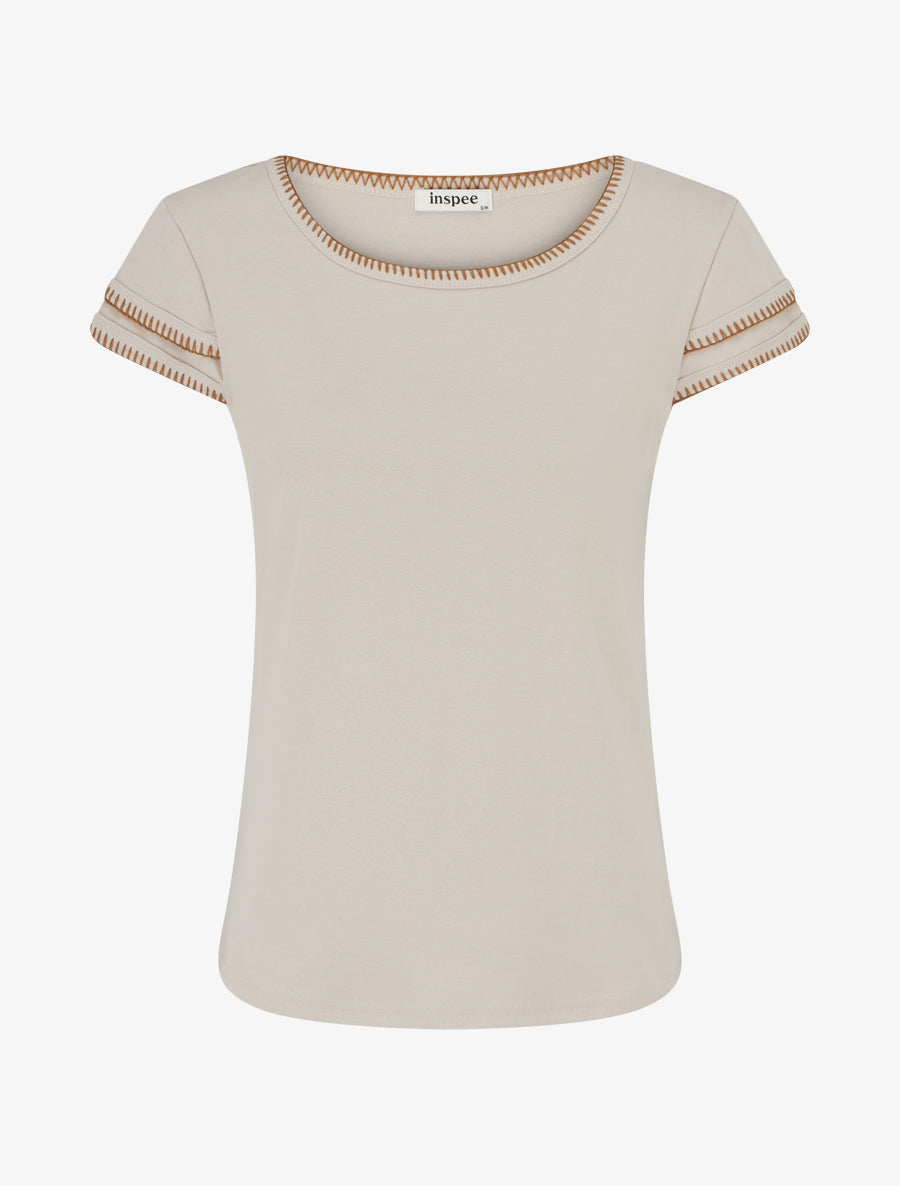T-shirt uni à manches courtes stylisées - Beige - 1