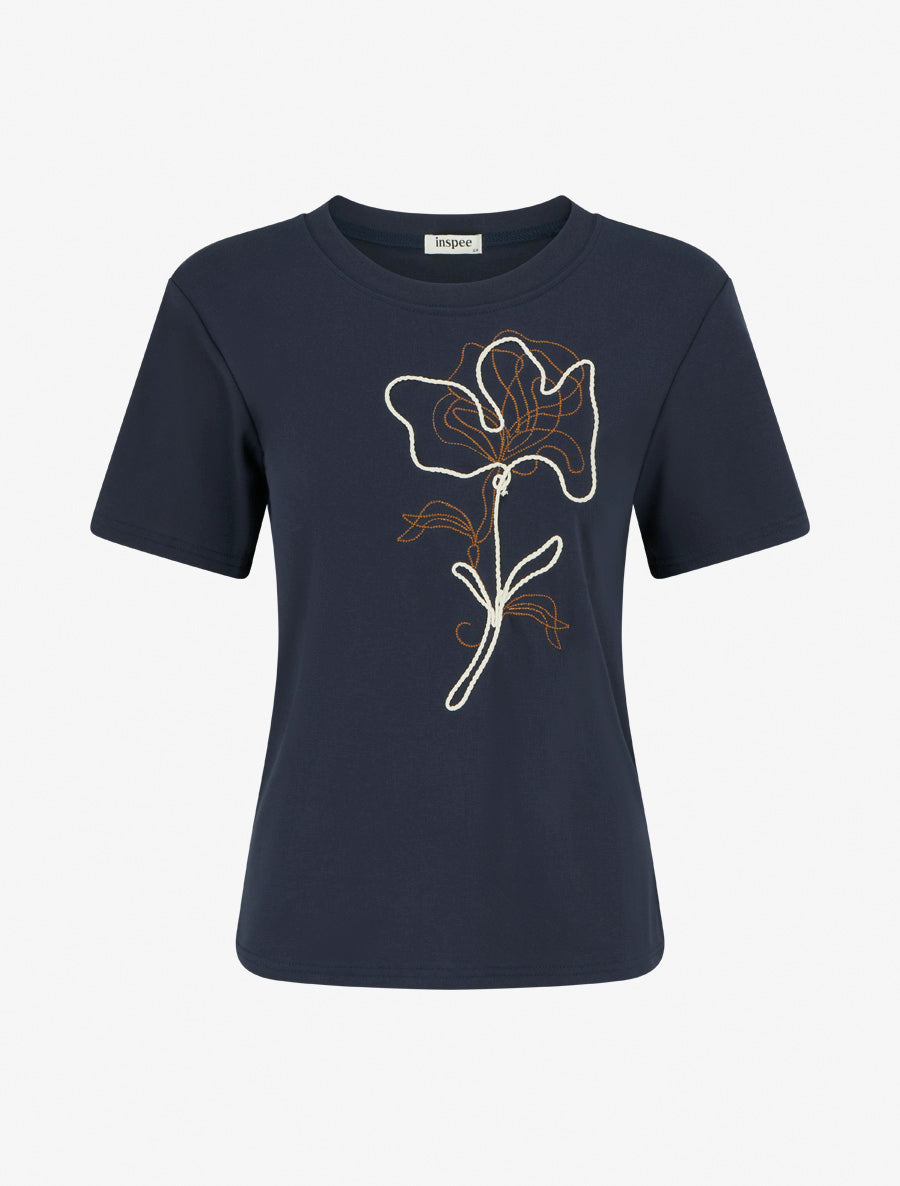 T-shirt manches courtes à motif floral - Marine - 1