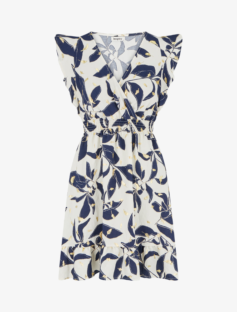 Robe imprimé feuilles à taille élastiquée - Marine - 1