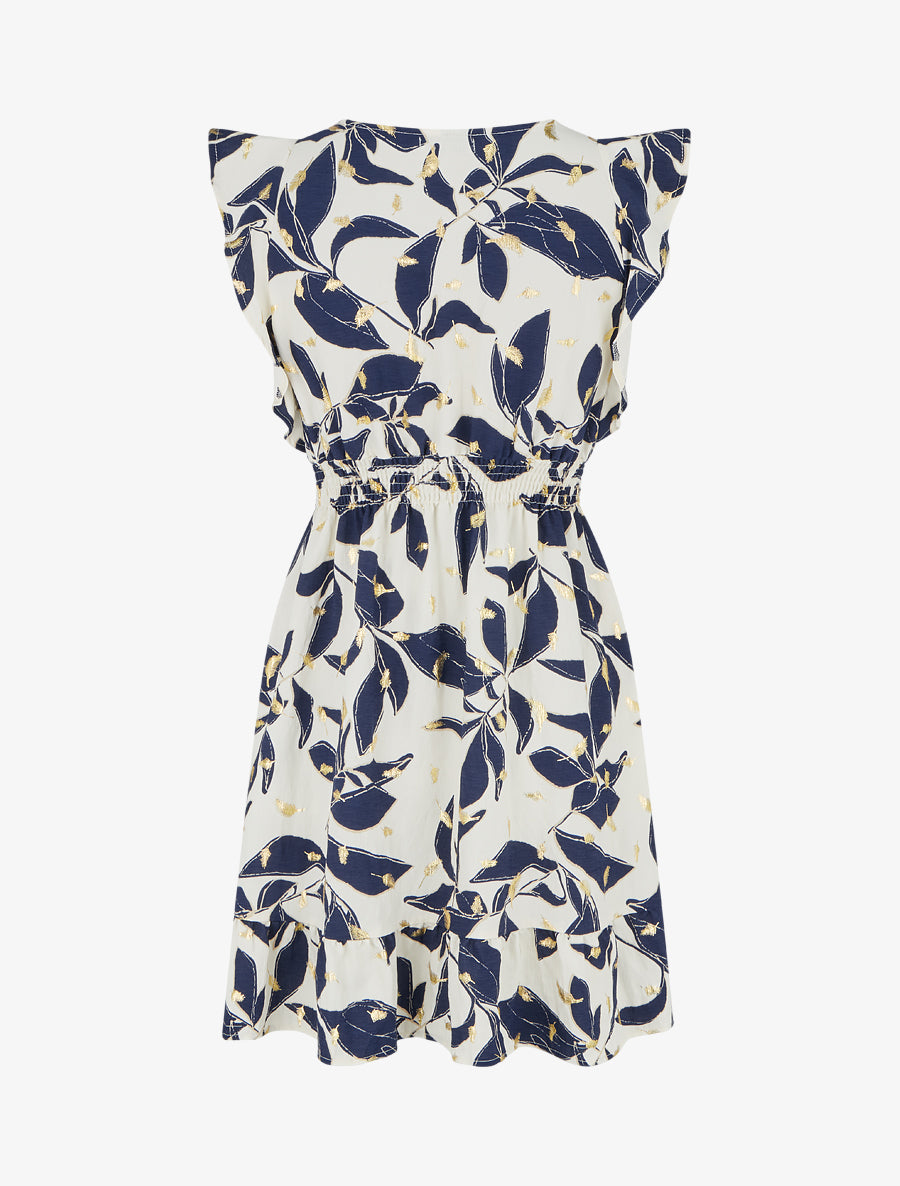 Robe imprimé feuilles à taille élastiquée - Marine - 2