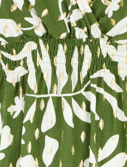 Robe imprimé feuillage à taille élastiquée - Kaki - 3