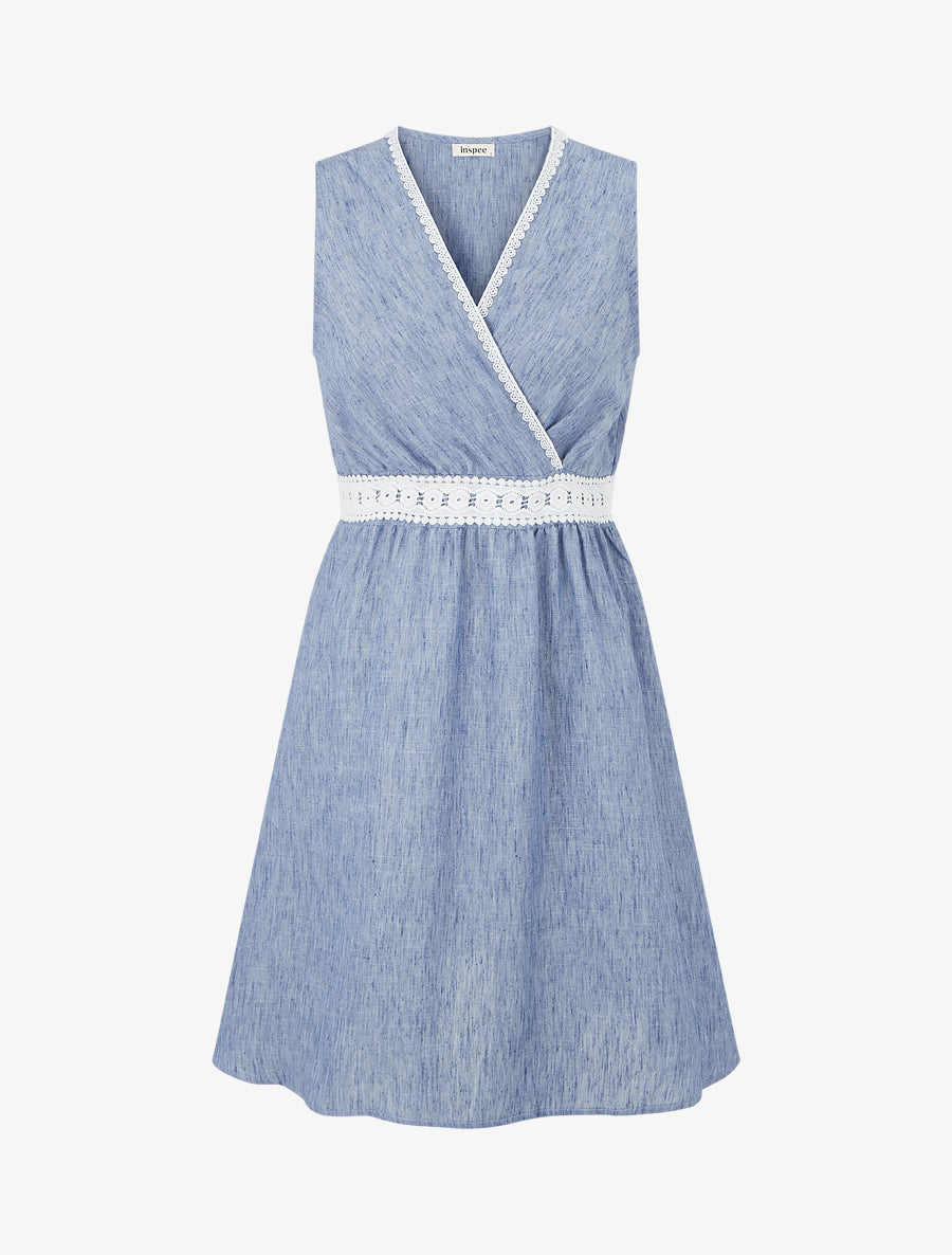 Robe mi-longue à bande brodée - Bleu - 1