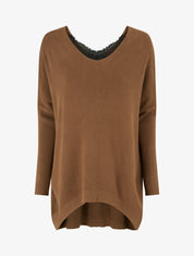 Pull long à détail dentelle au dos - Camel - 1