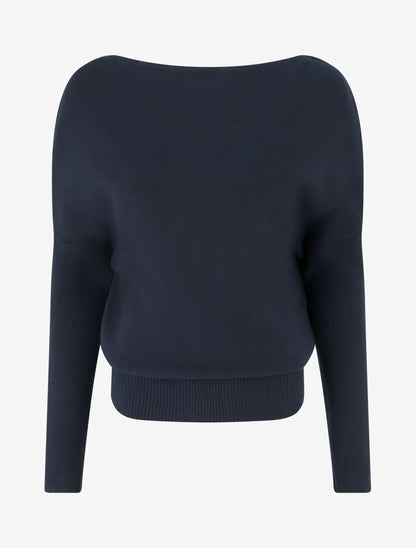 Pull droit manches chauve-souris et col bateau - Marine - 1