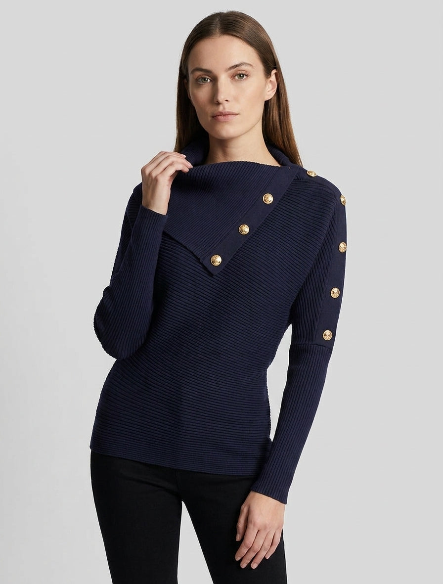 Einfarbiger Rollkragenpullover mit stylisiertem Kragen - Marine