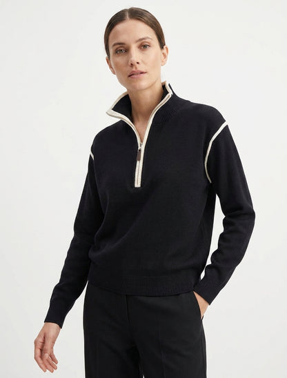 Gerade geschnittener Pullover mit Stehkragen und Reißverschluss - Schwarz