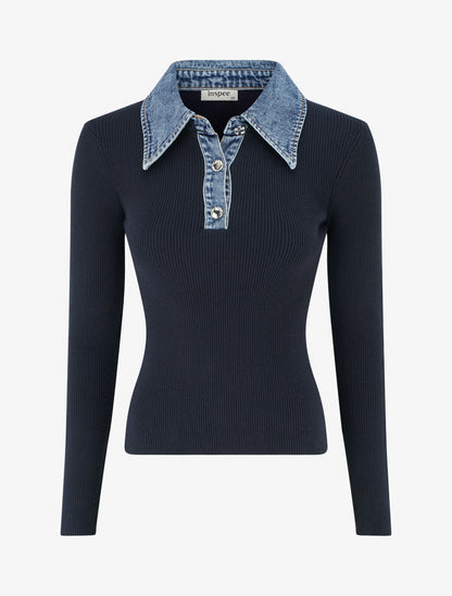 Pull fin en maille à col boutonné en jean - Marine - 1