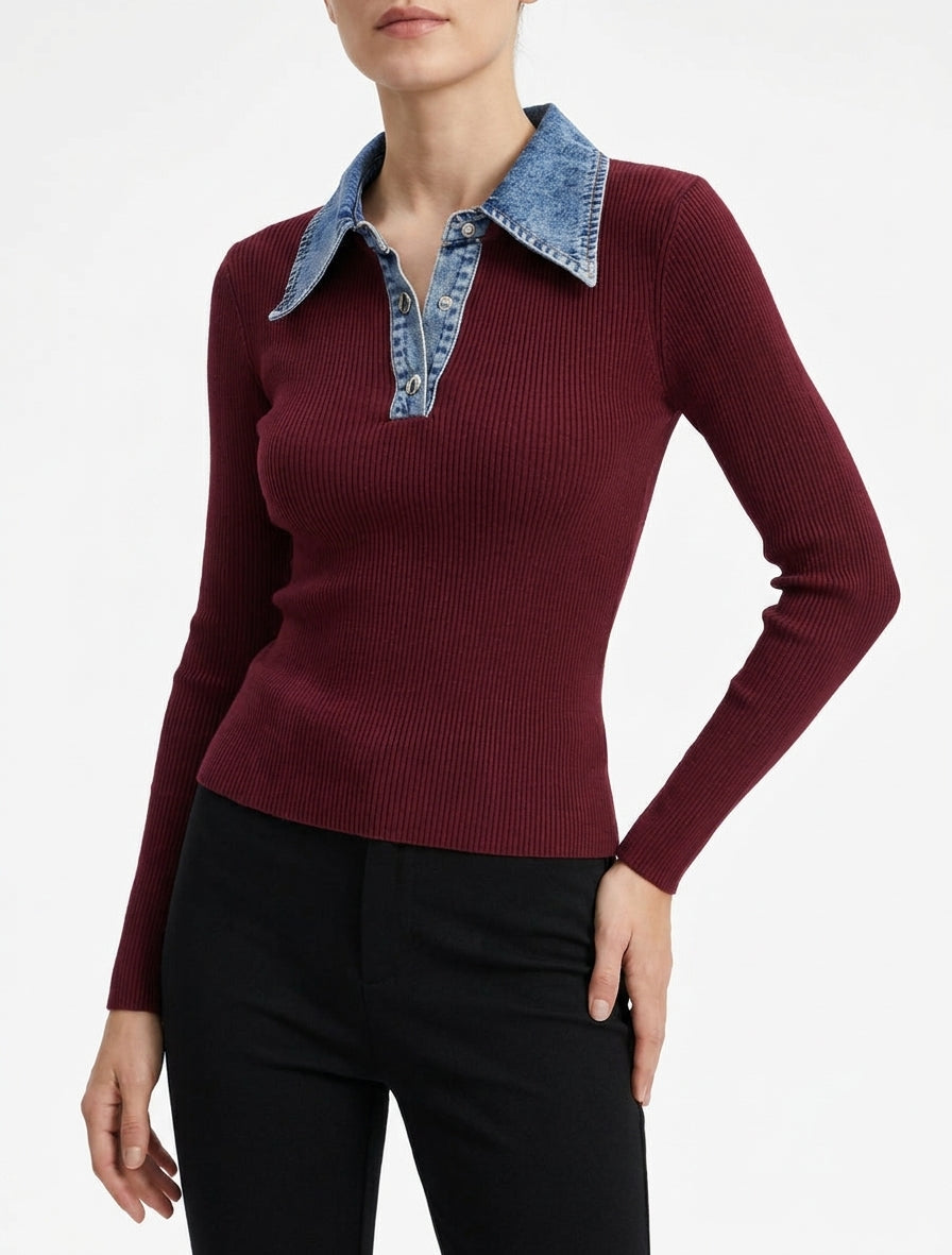 Feinstrickpullover mit Knopfkragen aus Jeansstoff - Bordeaux