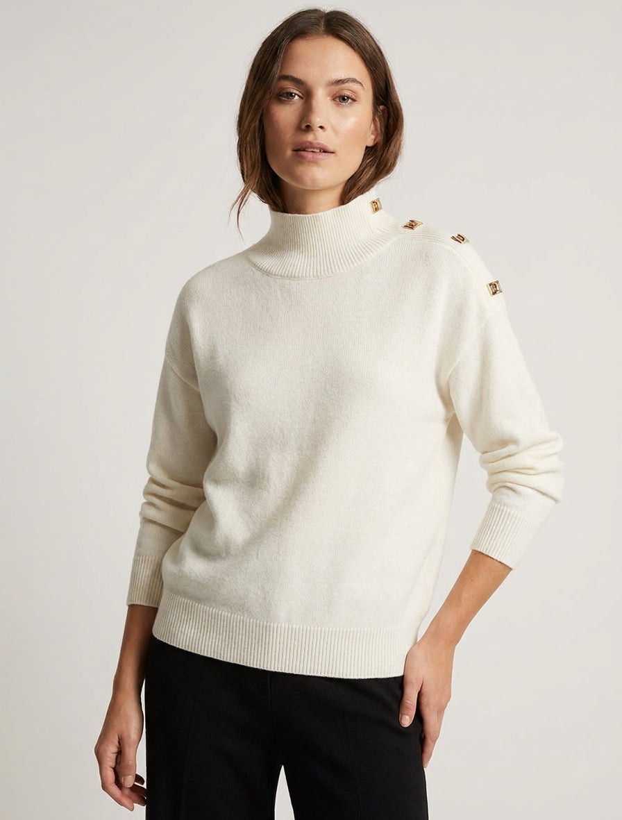Gerader Pullover mit Stehkragen und Metallknöpfen - Ecru