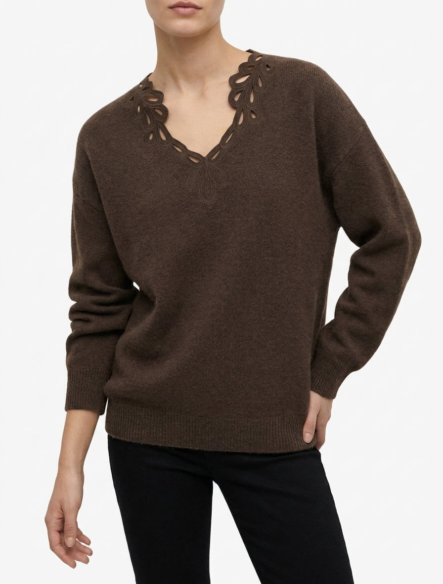 Einfarbiger Pullover mit durchbrochenem V-Ausschnitt - Braun